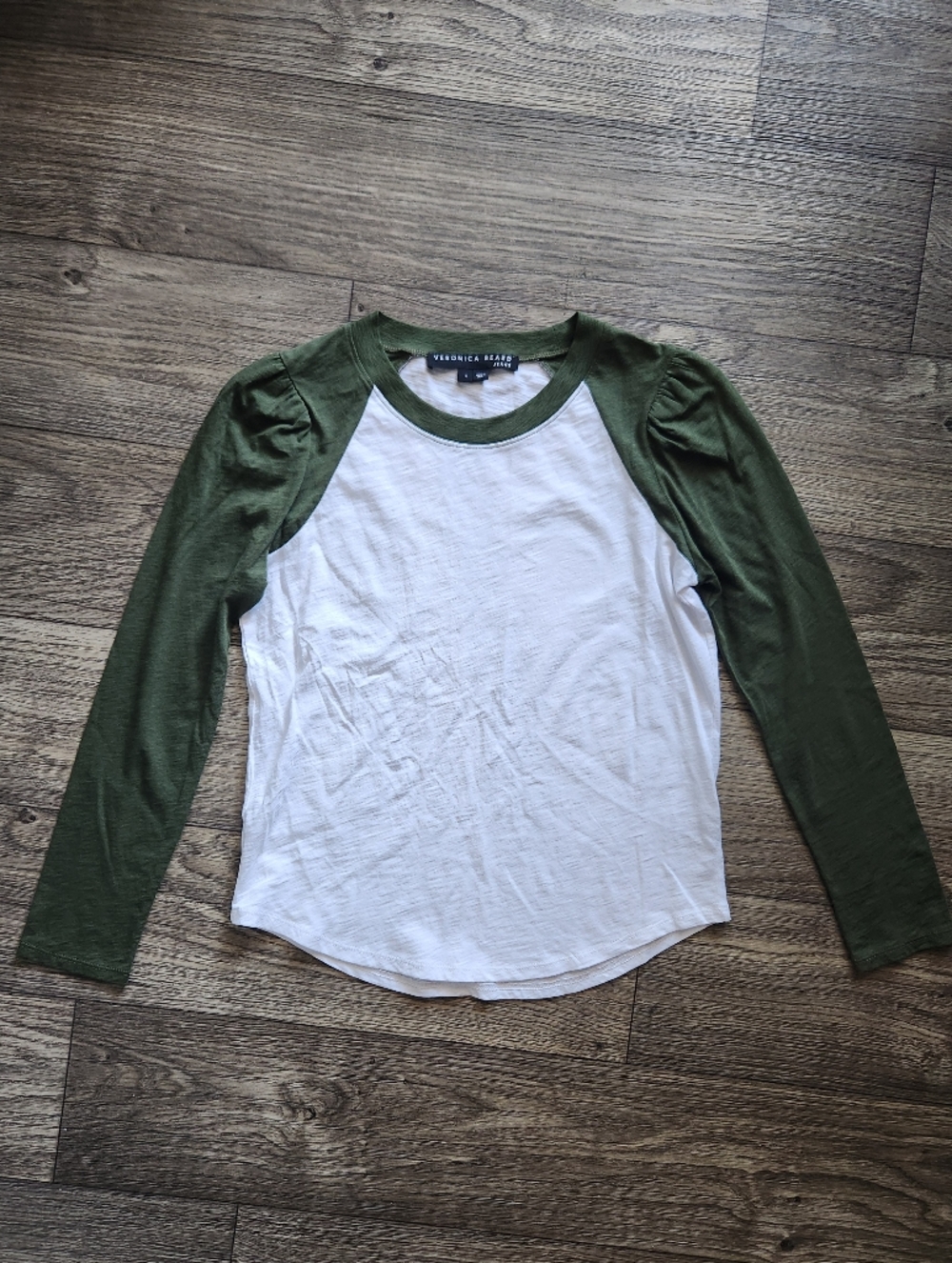 Veronica Beard Mason Baseball Tee Olive Green & White Raglan Long Sleeve Tee - Picture 2 of 9
